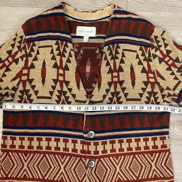 Sun + Stone Cardigan Mens Sweater Medium Western Native Print Artsy Indie - Picture 4 of 7
